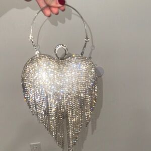 Silver Heart-Shaped Crystal Fringe Bag